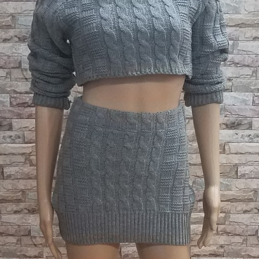 Grey Cropped Sweater & Skirt Set